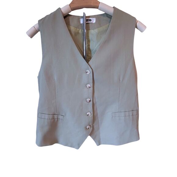 Vintage Light Sage Green Preppy Button Vest Minimalist Tailored Waistcoat SMALL - Picture 2 of 8